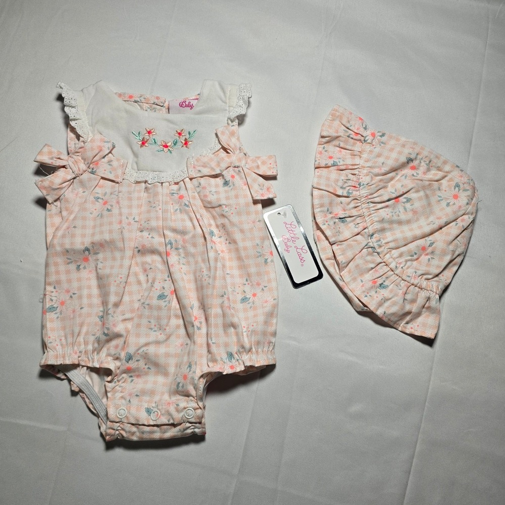 Little Lass Baby Girls 3-6m Peach Gingham Floral Bubble Romper Hat Set NWT